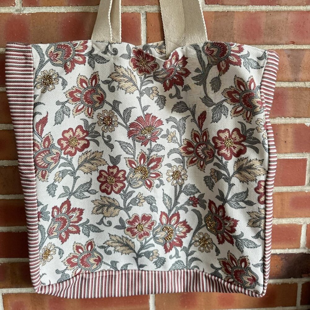 Floral Tapestry Tote Bag with Striped Trim